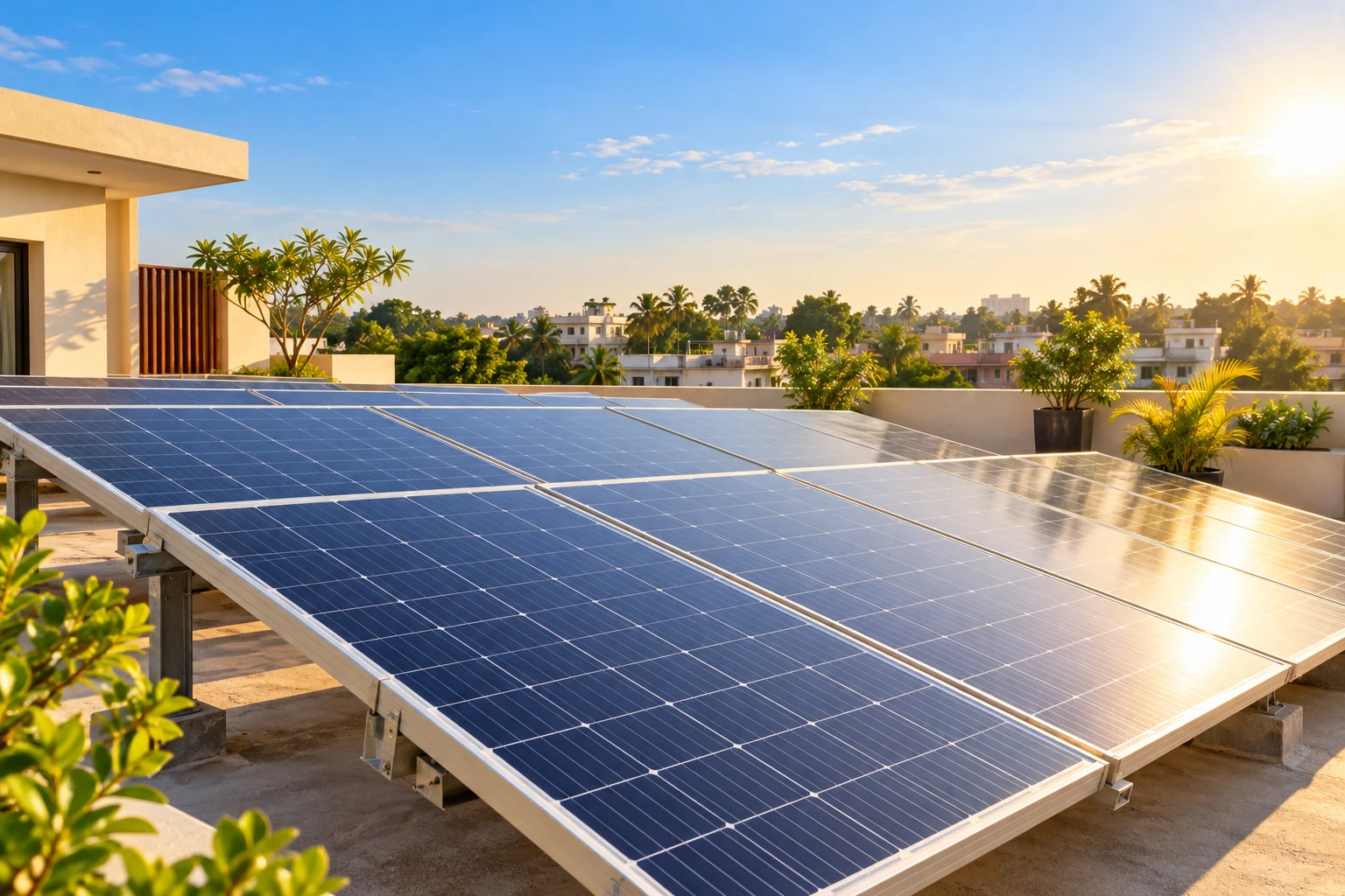 Illustrative rooftop solar panels on an Indian home in warm sunlight
